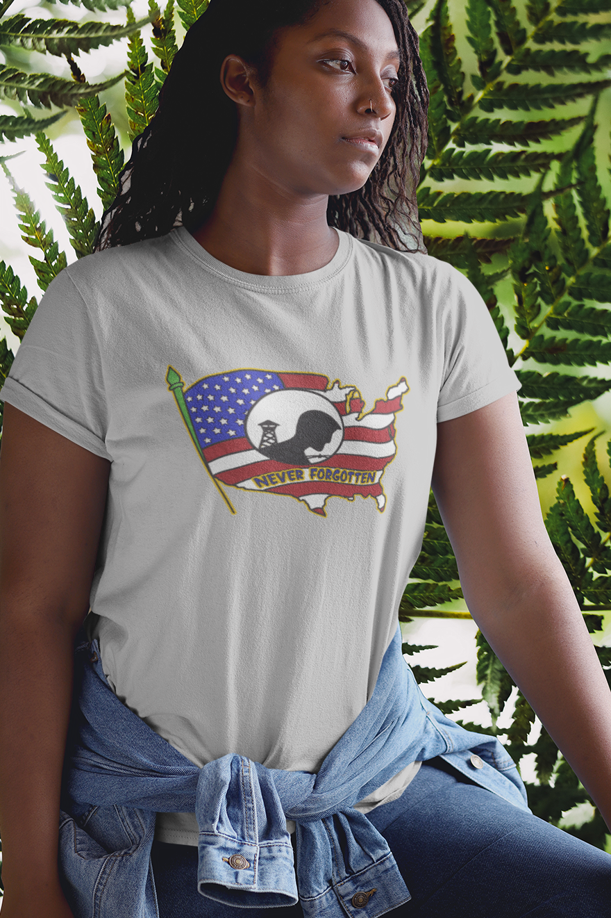 .. NEVER FORGOTTEN Semi-Fitted Patriotic T-Shirt (S-3XL):  Women's Gildan 5000L - FREE SHIPPING