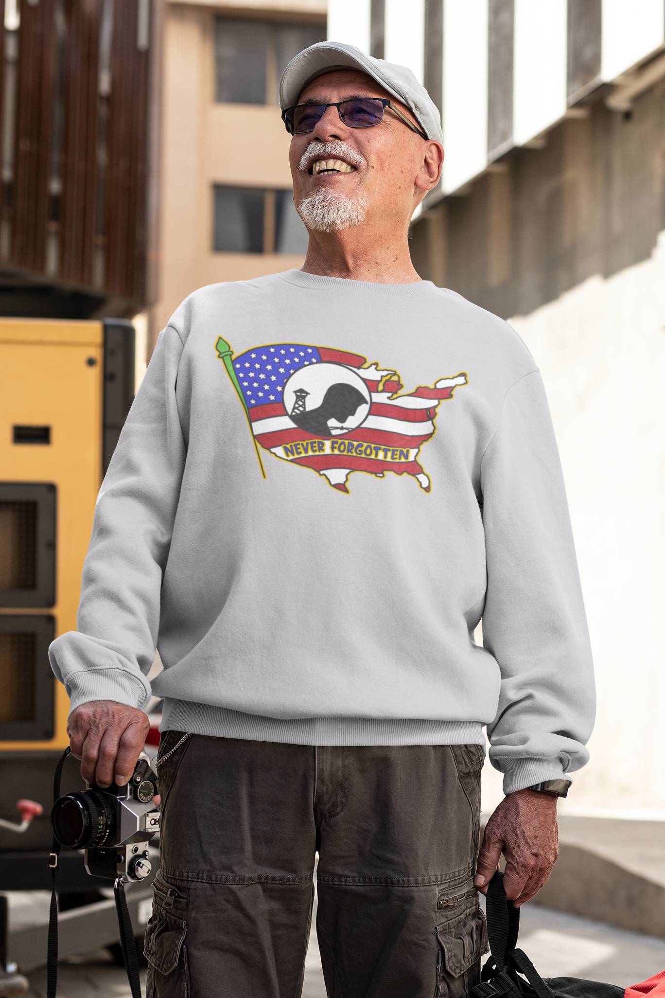 . NEVER FORGOTTEN Heavy Weight Patriotic Military Sweatshirt (S-5XL):  Men's Gildan 18000 - FREE SHIPPING