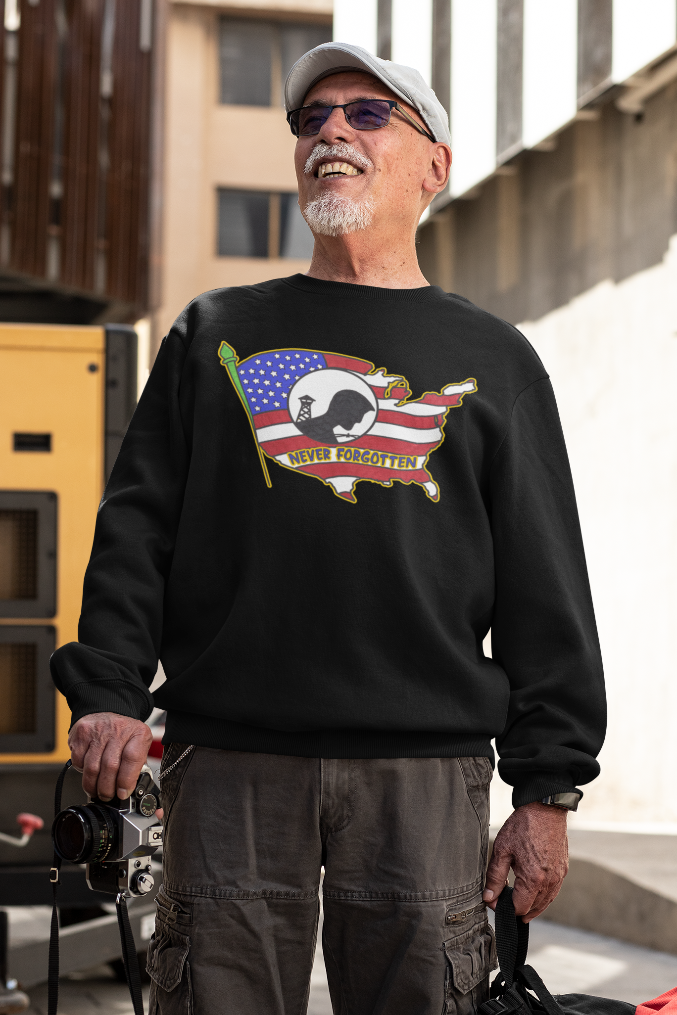 . NEVER FORGOTTEN Heavy Weight Patriotic Military Sweatshirt (S-5XL):  Men's Gildan 18000 - FREE SHIPPING