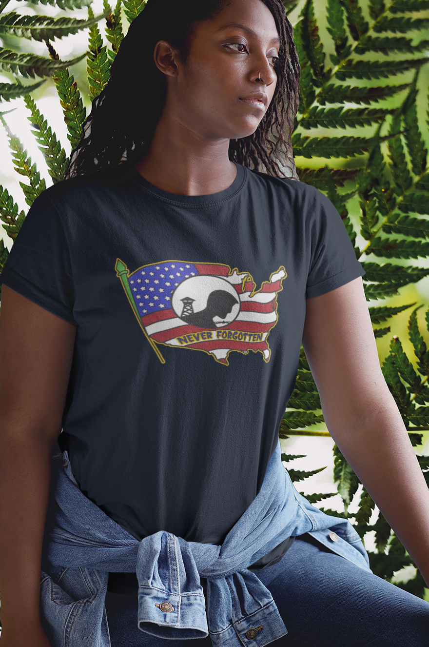 .. NEVER FORGOTTEN Semi-Fitted Patriotic T-Shirt (S-3XL):  Women's Gildan 5000L - FREE SHIPPING