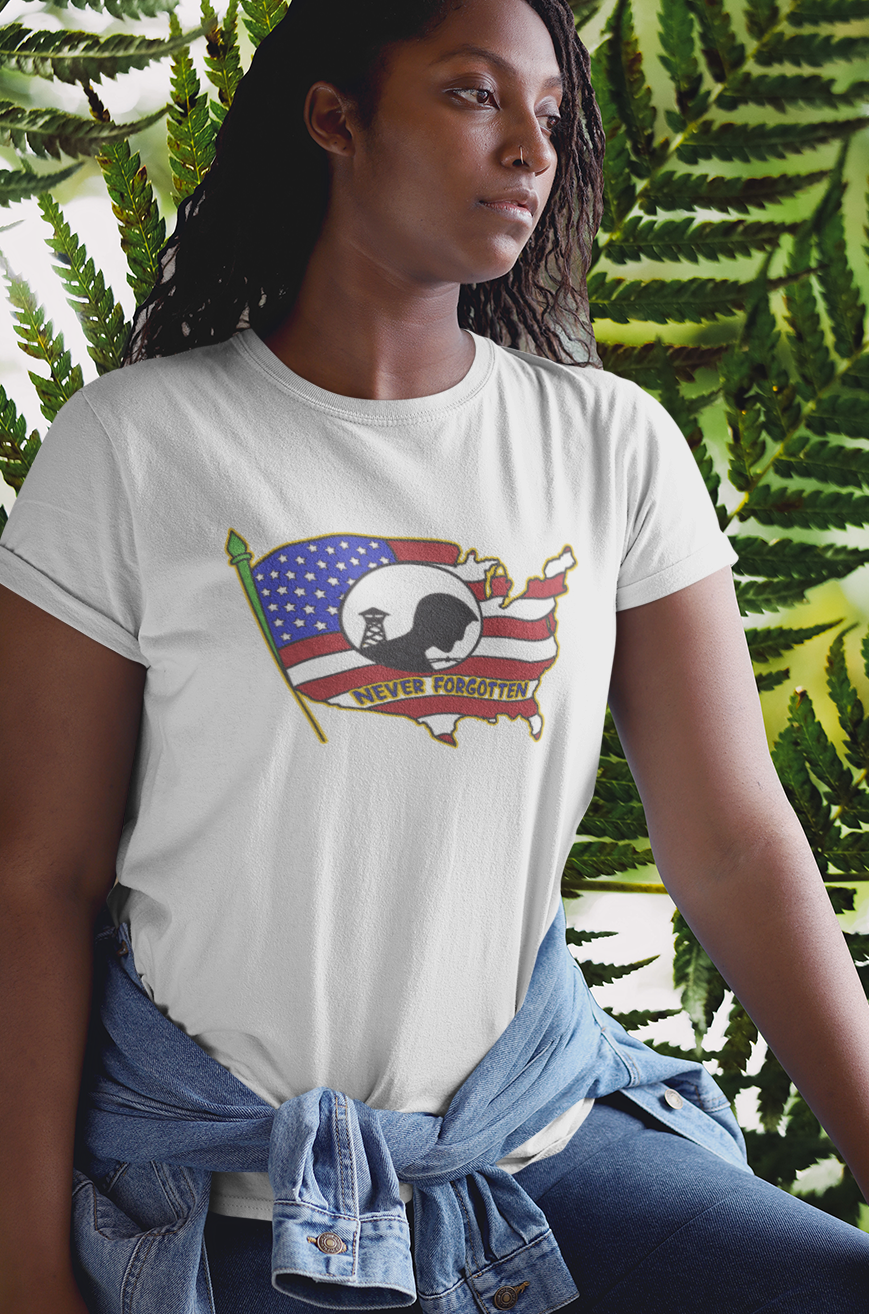 .. NEVER FORGOTTEN Semi-Fitted Patriotic T-Shirt (S-3XL):  Women's Gildan 5000L - FREE SHIPPING