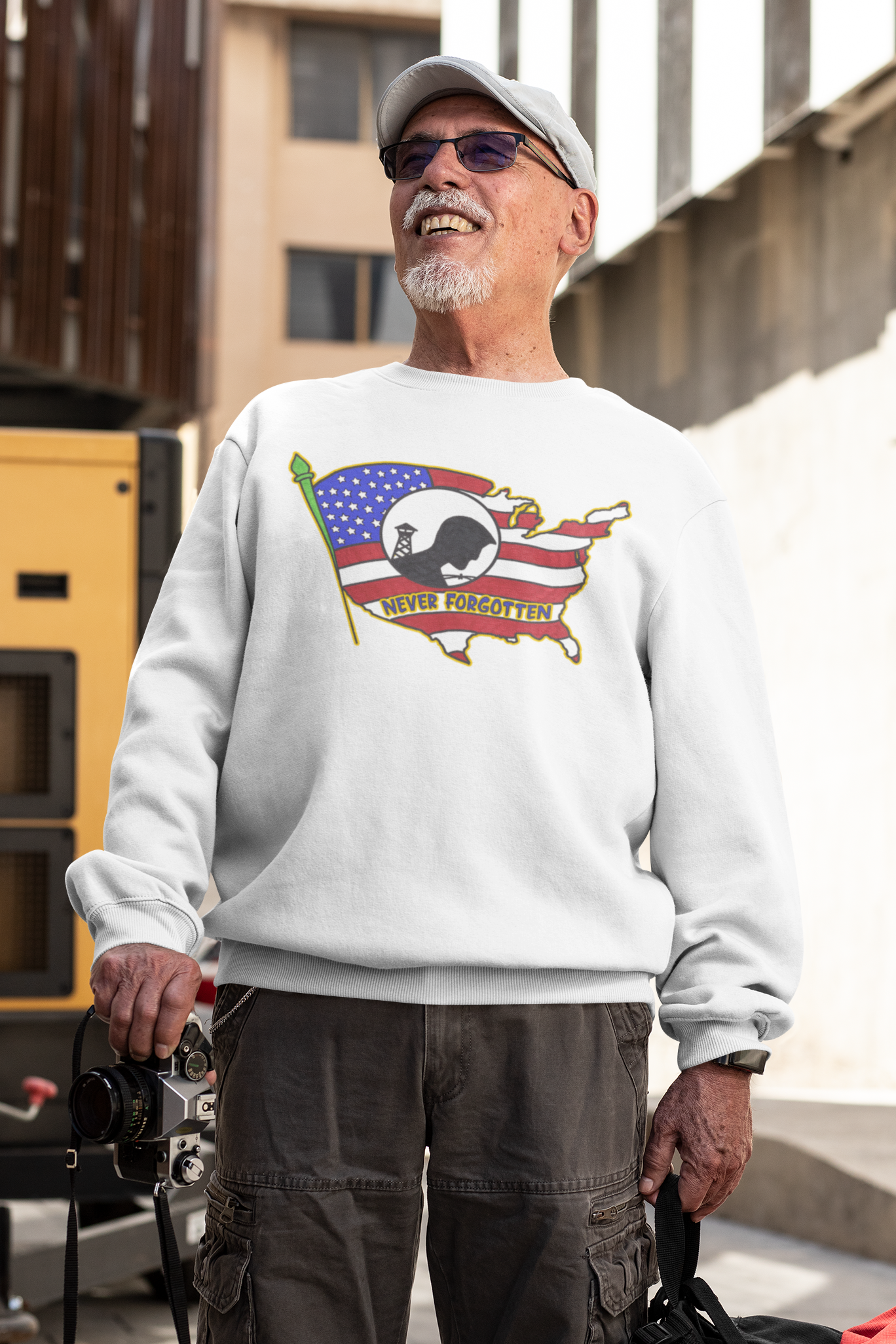 . NEVER FORGOTTEN Heavy Weight Patriotic Military Sweatshirt (S-5XL):  Men's Gildan 18000 - FREE SHIPPING