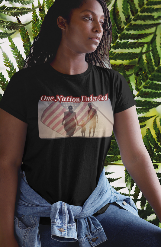 .. ONE NATION UNDER GOD Semi-Fitted Patriotic Christian T-Shirt (S-3XL):  Women's Gildan 5000L - FREE SHIPPING