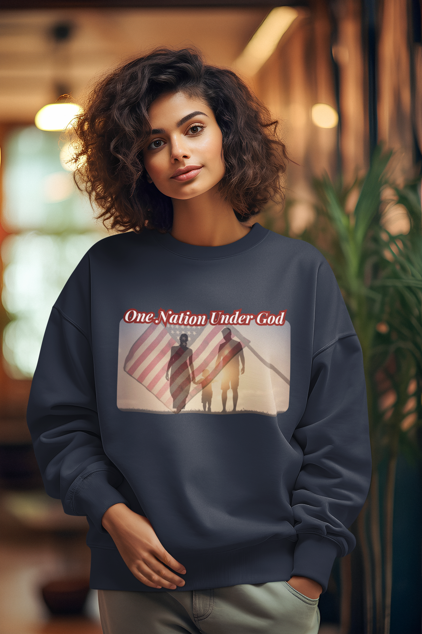 ONE NATION UNDER GOD Heavy Weight Patriotic Christian Sweatshirt (S-5XL):  Women's Gildan 18000 - FREE SHIPPING