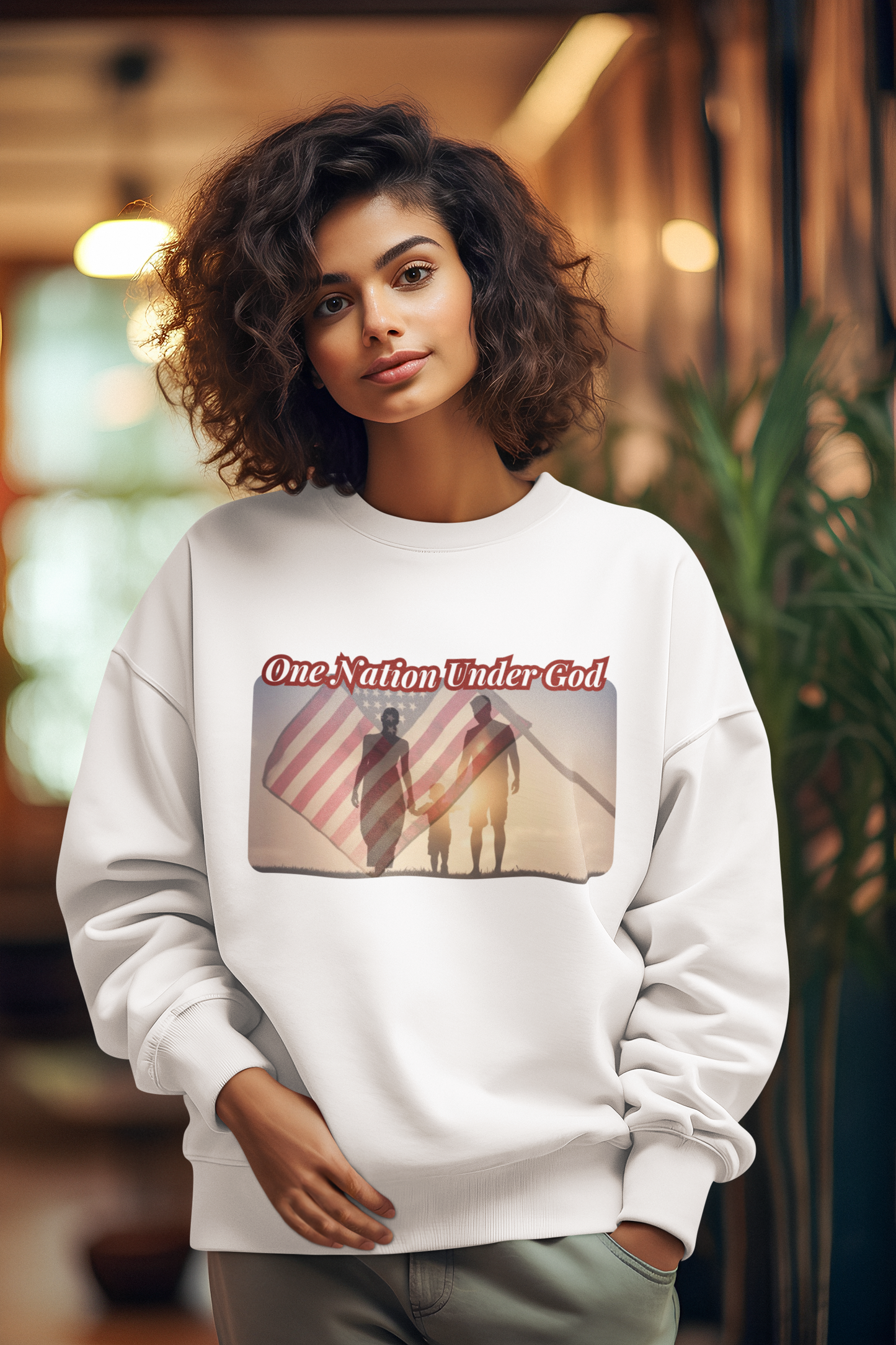 ONE NATION UNDER GOD Heavy Weight Patriotic Christian Sweatshirt (S-5XL):  Women's Gildan 18000 - FREE SHIPPING