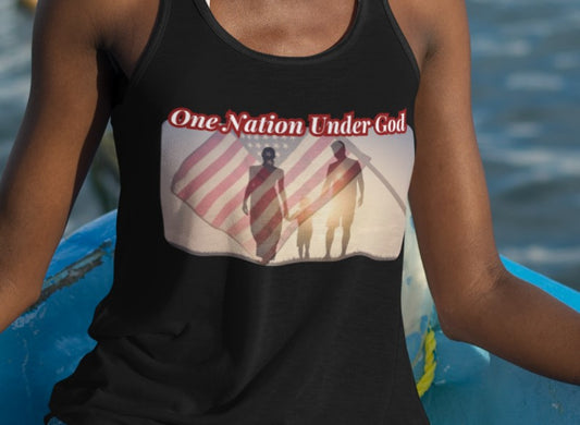 . ONE NATION UNDER GOD Patriotic Christian Racerback Tank Top (XS-2XL):  MADE IN USA Women's Bella+Canvas 8800 - FREE SHIPPING