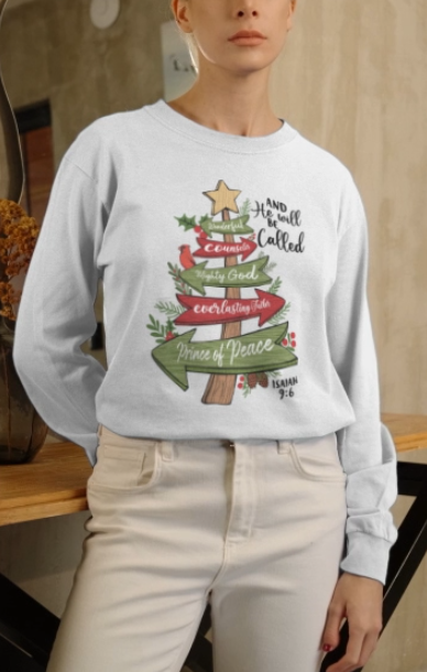 The PRINCE OF PEACE Heavy Weight Christmas Long Sleeve T-Shirt (S-2XL):  Women's Gildan 2400 - FREE SHIPPING