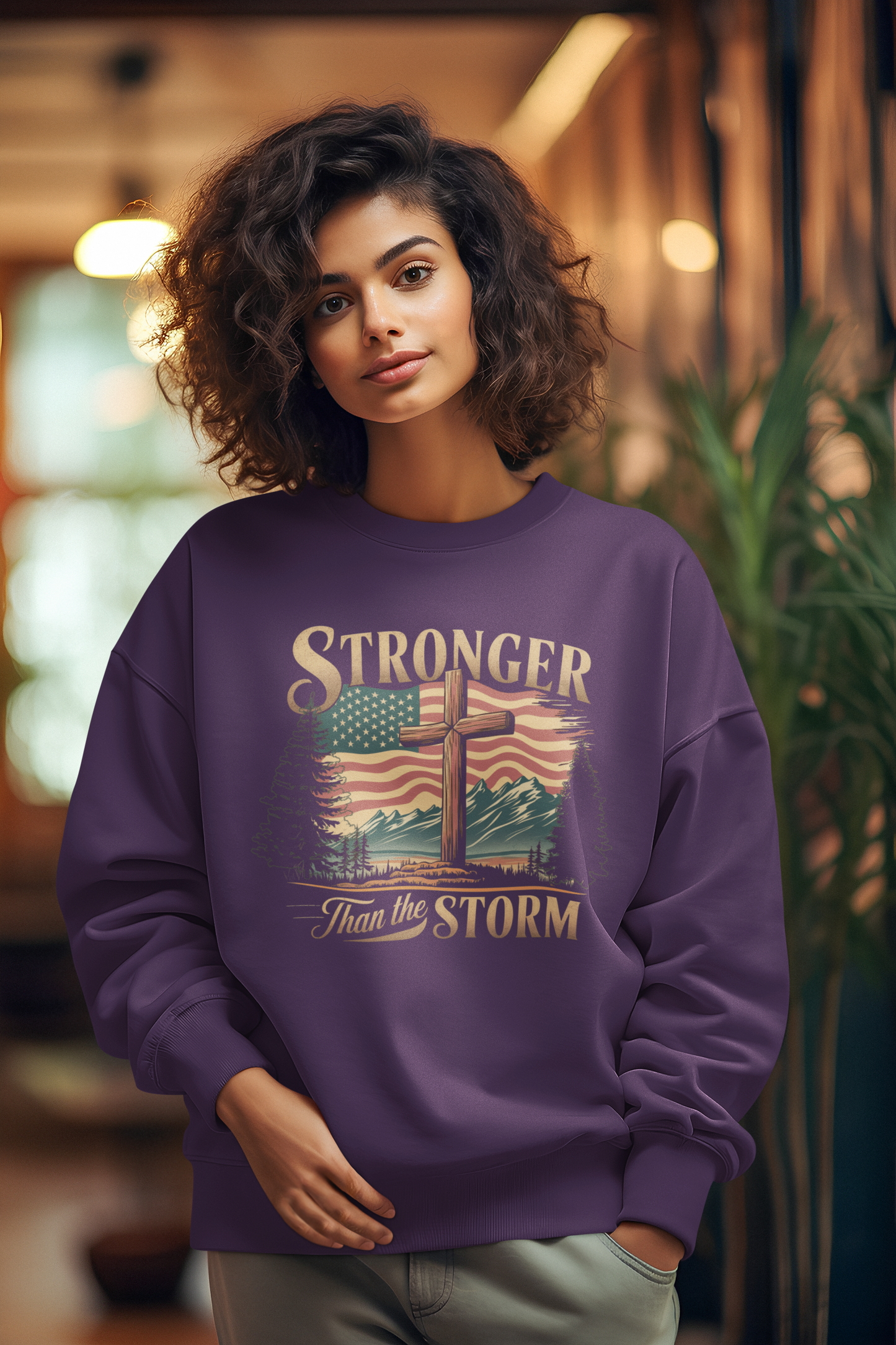 STRONGER THAN THE STORM Heavy Weight Patriotic Christian Sweatshirt (S-5XL):  Women's Gildan 18000 - FREE SHIPPING