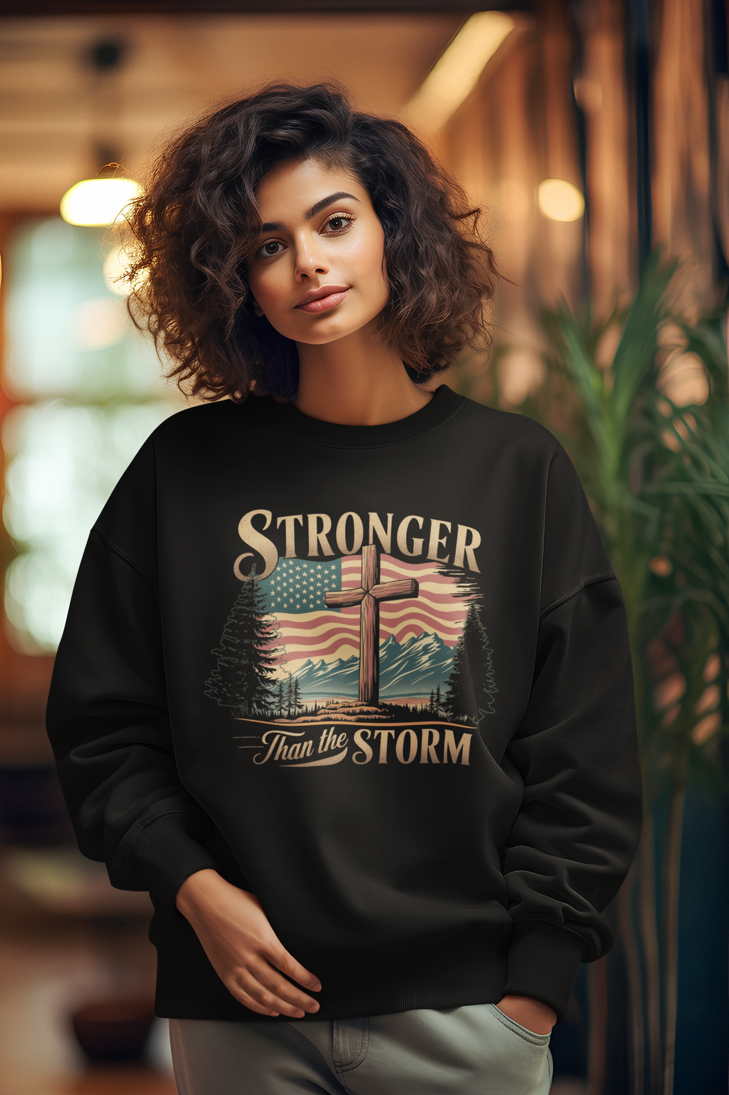 STRONGER THAN THE STORM Heavy Weight Patriotic Christian Sweatshirt (S-5XL):  Women's Gildan 18000 - FREE SHIPPING