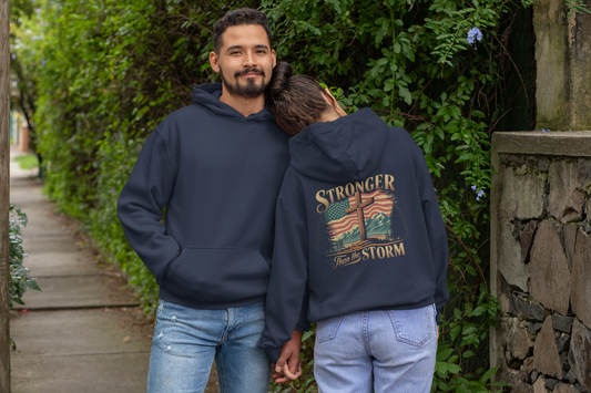 STRONGER THAN THE STORM Heavy Weight Patriotic Christian Hoodie (S-5XL):  Men's & Women's Gildan 18500 - FREE SHIPPING