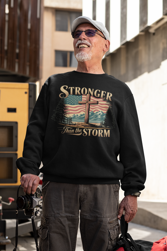 STRONGER THAN THE STORM Heavy Weight Patriotic Christian Sweatshirt (S-5XL):  Men's Gildan 18000