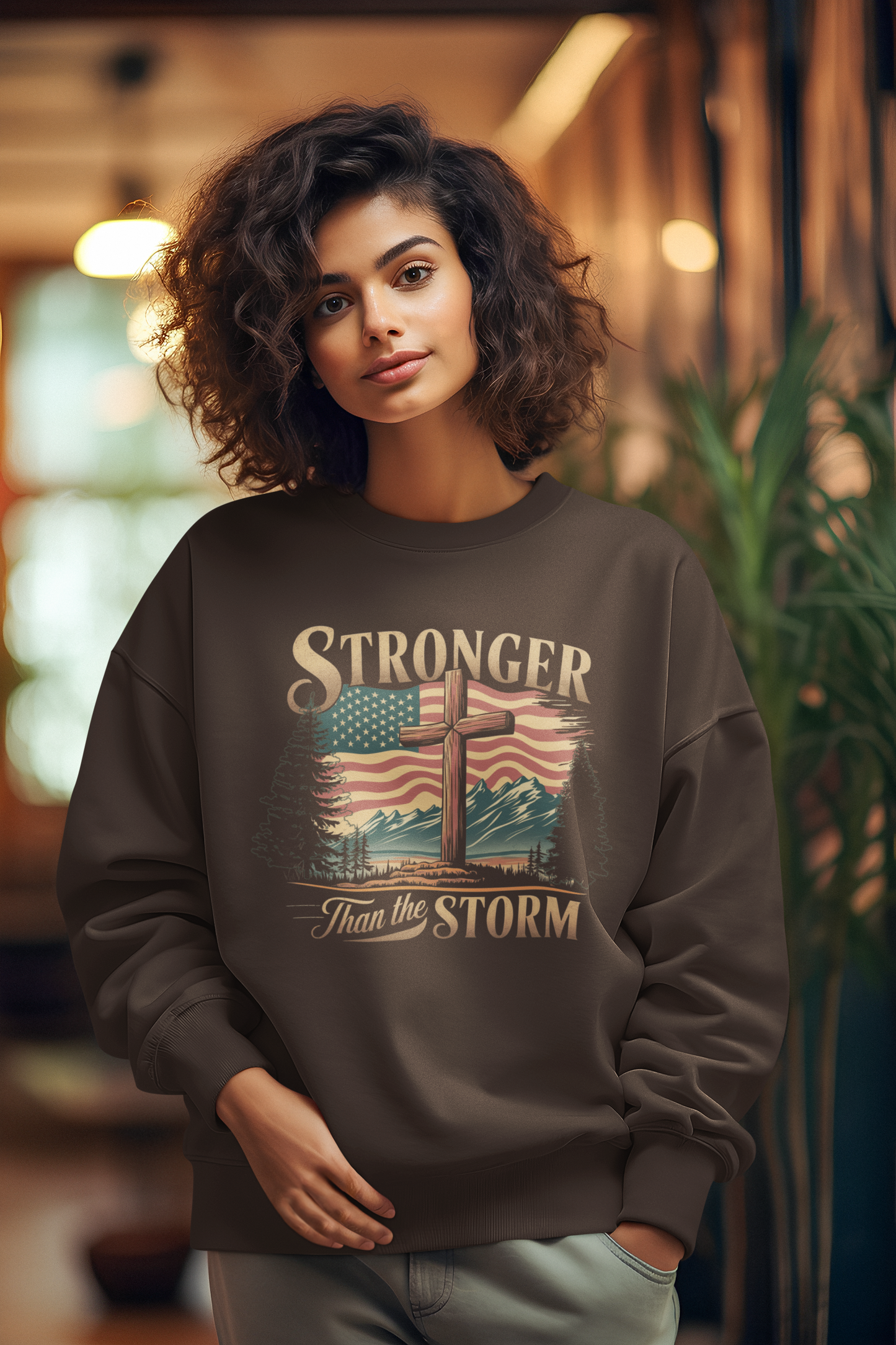 STRONGER THAN THE STORM Heavy Weight Patriotic Christian Sweatshirt (S-5XL):  Women's Gildan 18000 - FREE SHIPPING