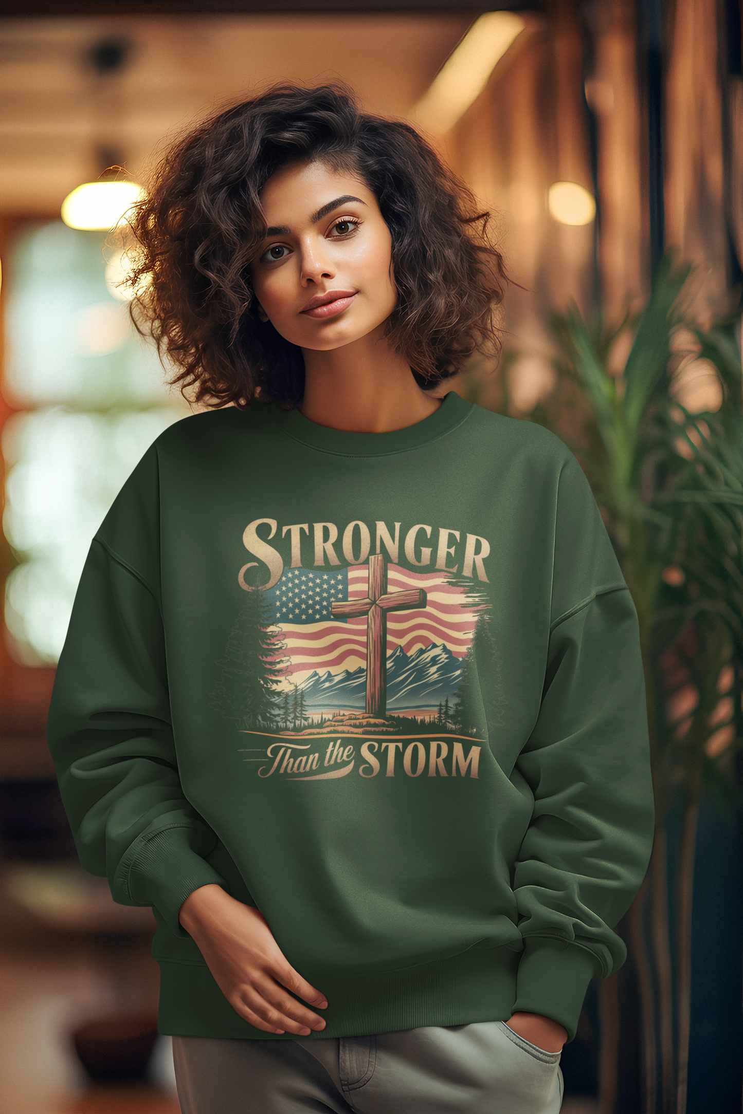 STRONGER THAN THE STORM Heavy Weight Patriotic Christian Sweatshirt (S-5XL):  Women's Gildan 18000 - FREE SHIPPING