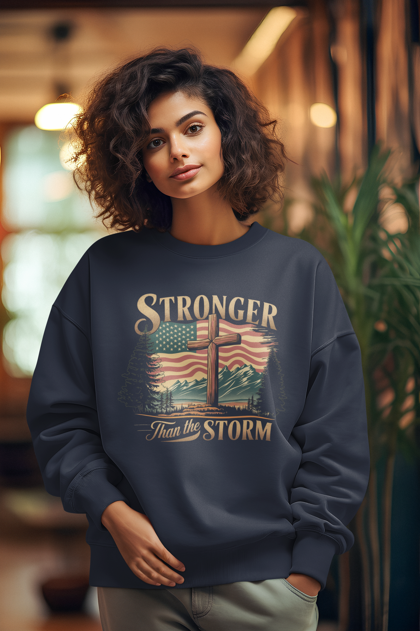 STRONGER THAN THE STORM Heavy Weight Patriotic Christian Sweatshirt (S-5XL):  Women's Gildan 18000 - FREE SHIPPING