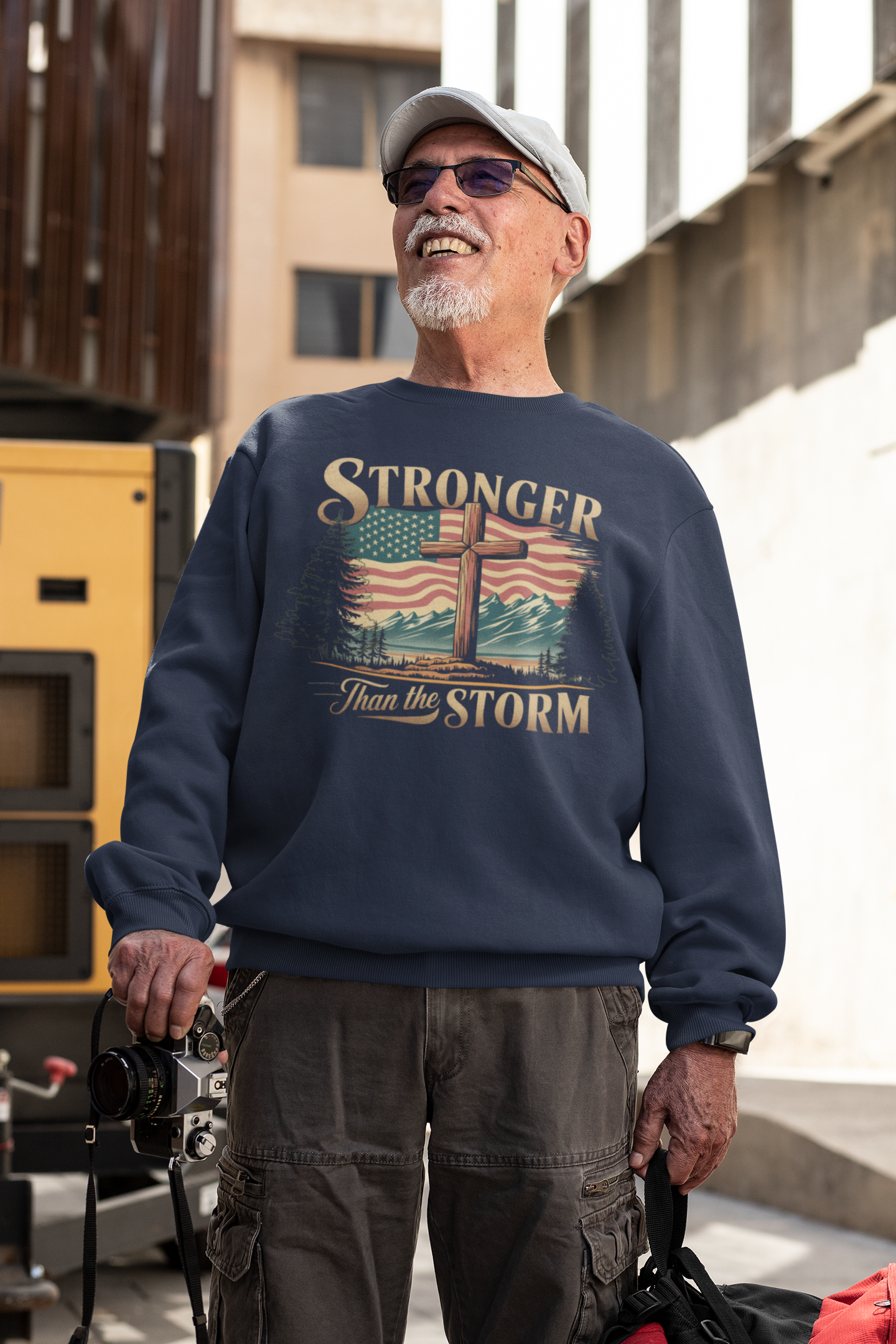 STRONGER THAN THE STORM Heavy Weight Patriotic Christian Sweatshirt (S-5XL):  Men's Gildan 18000