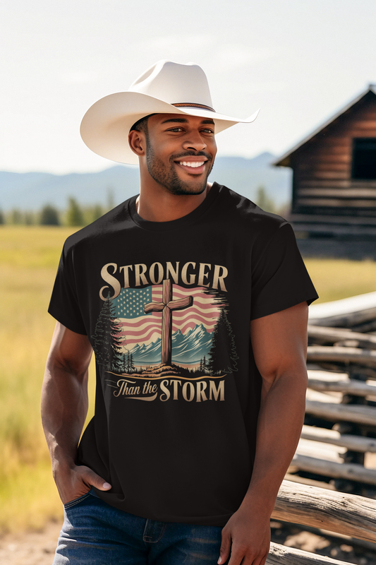 STRONGER THAN THE STORM Patriotic Christian T-Shirt (S-5XL):  Men's Medium Weight Gildan 5000 - FREE SHIPPING