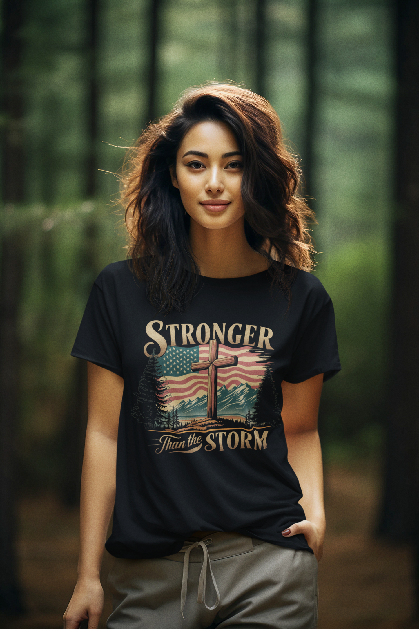 STRONGER THAN THE STORM Semi-Fitted Patriotic Christian T-Shirt (S-3XL):  Women's Gildan 5000L - FREE SHIPPING