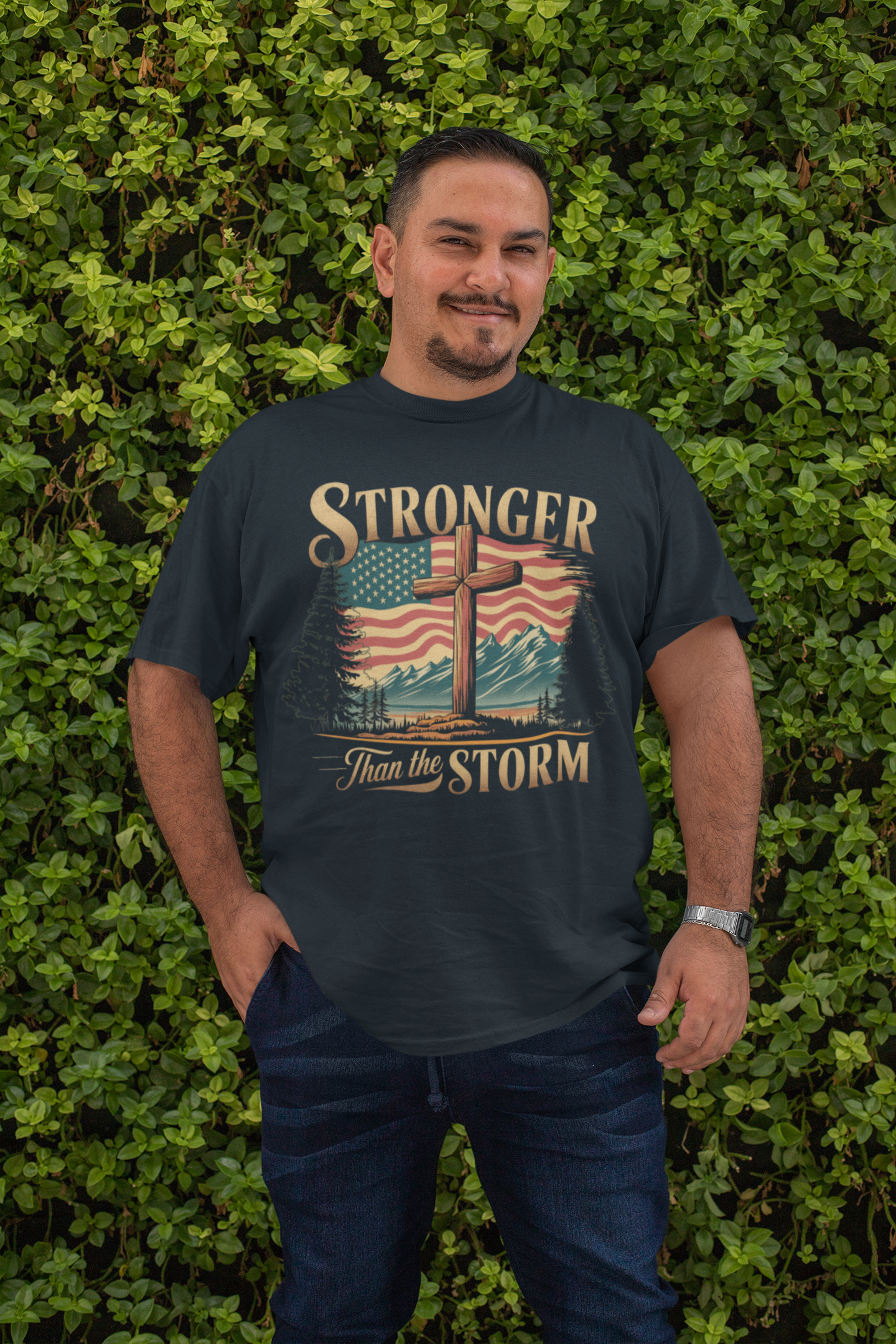 . STRONGER THAN THE STORM Plus Size Heavy Weight Patriotic Christian T-Shirt (S-5XL):  Men's Hanes Beefy-T® - FREE SHIPPING