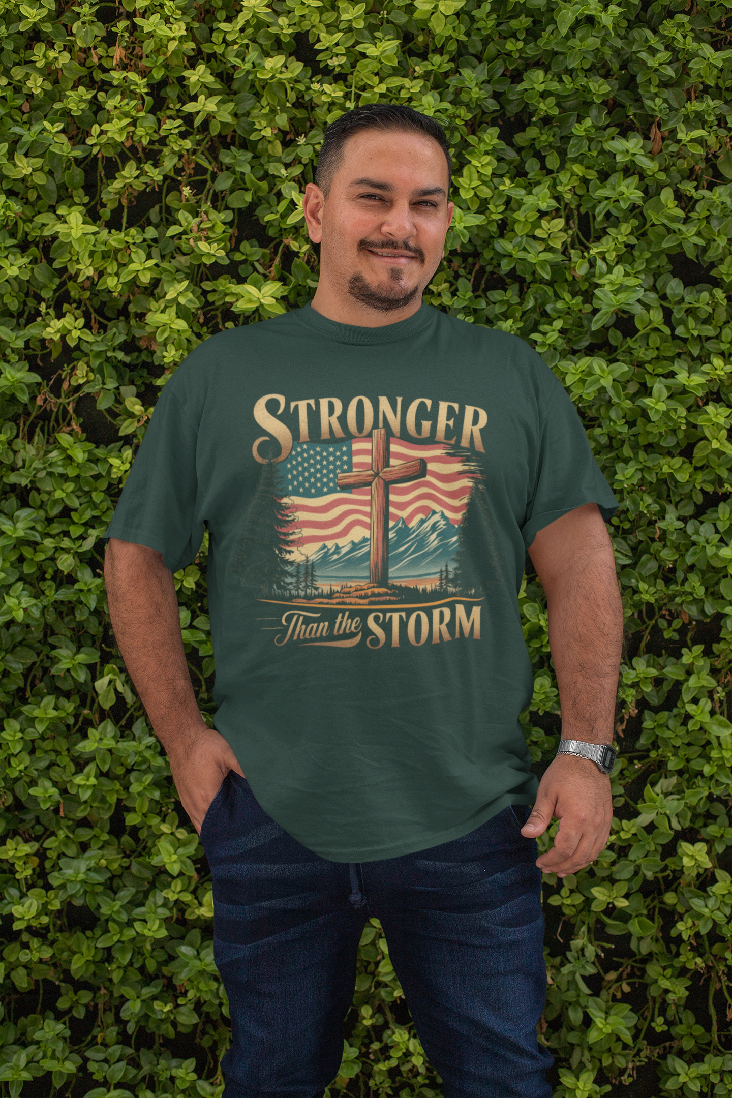 . STRONGER THAN THE STORM Plus Size Heavy Weight Patriotic Christian T-Shirt (S-5XL):  Men's Hanes Beefy-T® - FREE SHIPPING