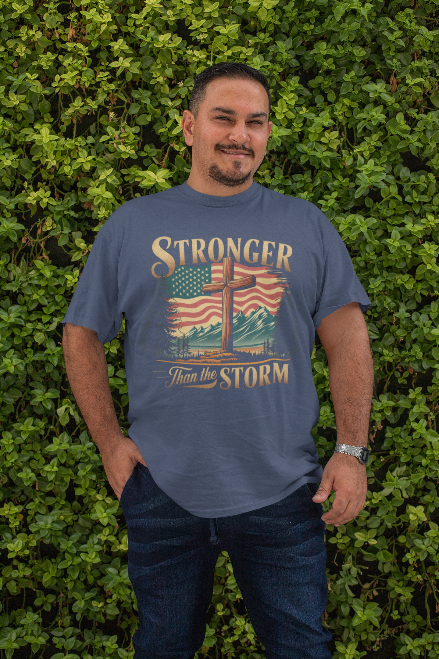 . STRONGER THAN THE STORM Plus Size Heavy Weight Patriotic Christian T-Shirt (S-5XL):  Men's Hanes Beefy-T® - FREE SHIPPING