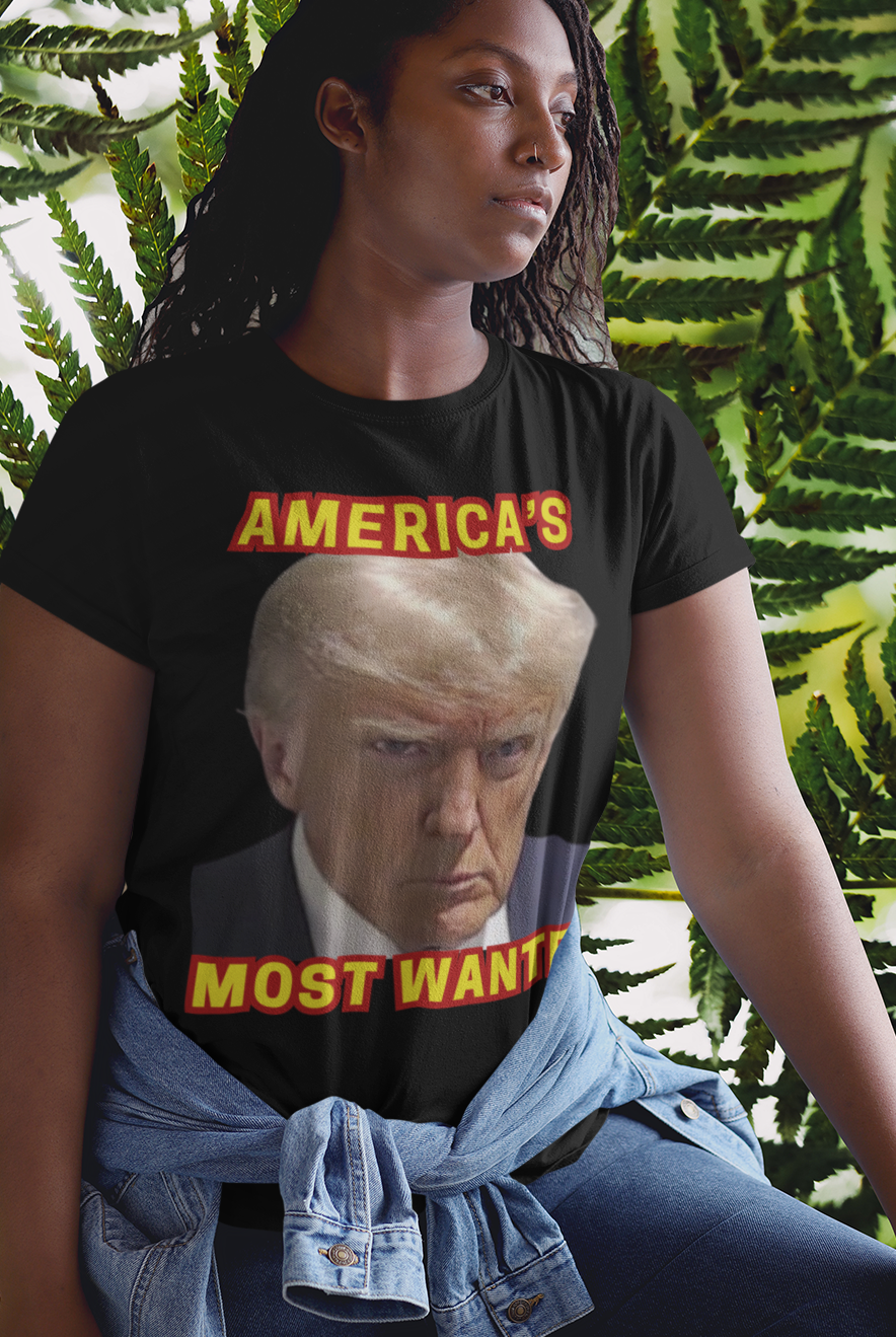 .. TRUMP MUG SHOT Semi-Fitted Patriotic T-Shirt (S-3XL):  Women's Gildan 5000L - FREE SHIPPING