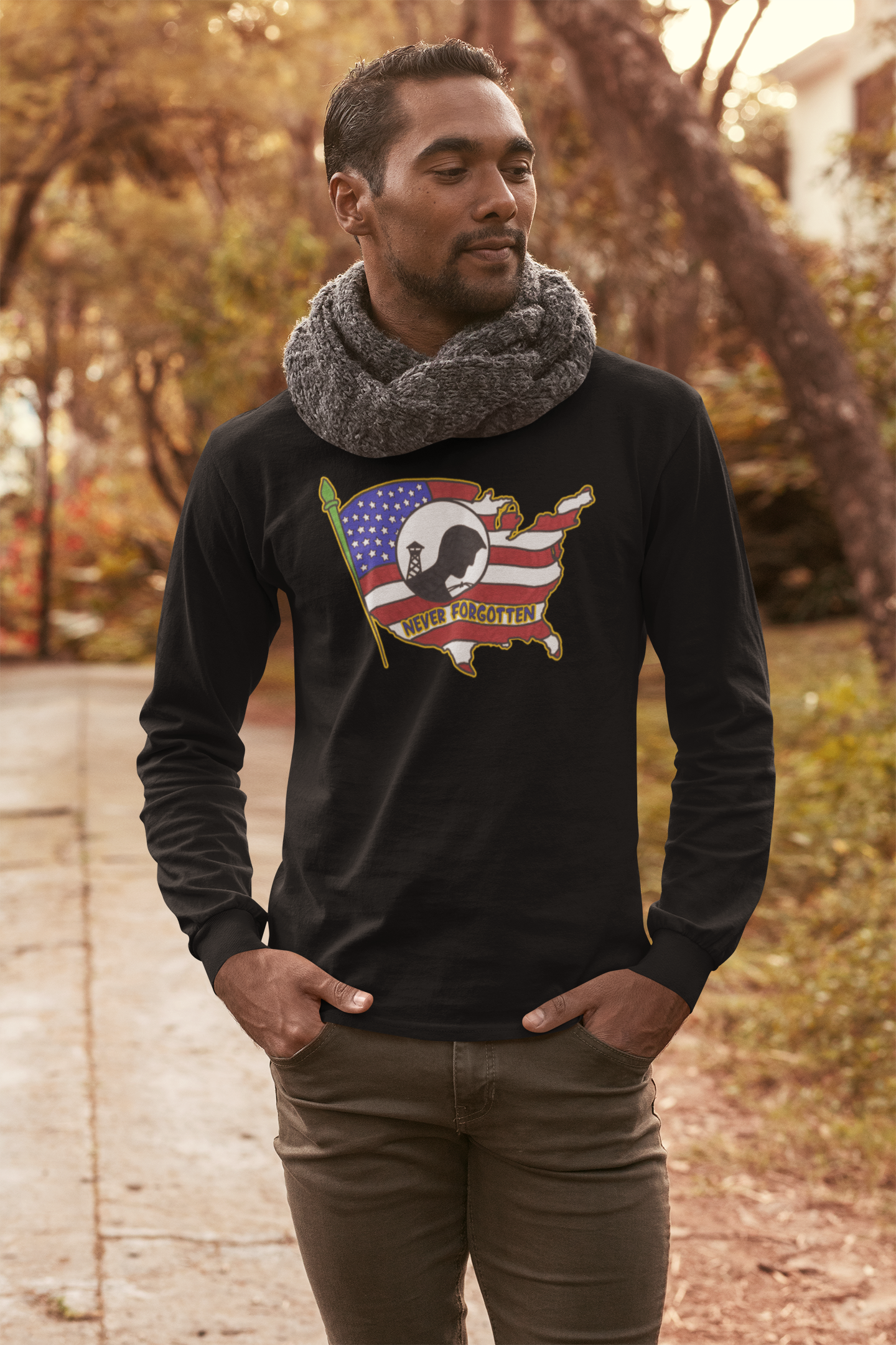 ... NEVER FORGOTTEN Fitted Light Weight Patriotic Military Long Sleeve T-Shirt (XS-3XL):  Men's Bella+Canvas 3501 - FREE SHIPPING