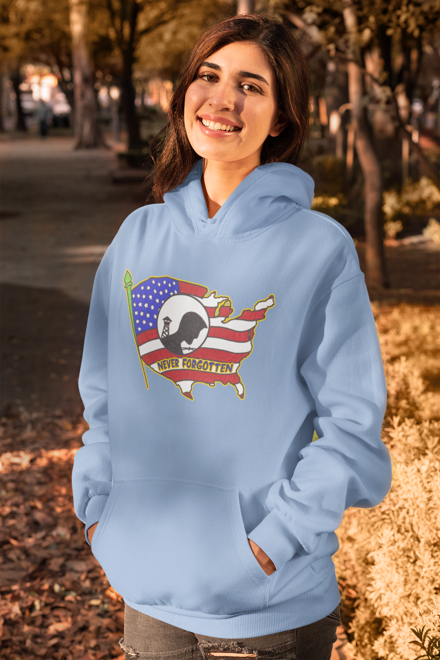 .. NEVER FORGOTTEN Heavy Weight Patriotic Military Hoodie (S-5XL):  Women's Gildan 18500 - FREE SHIPPING