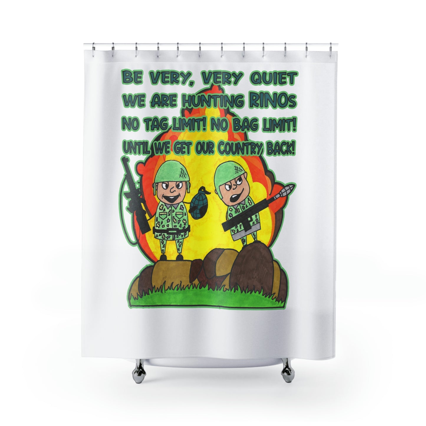 HUNTING RINOs:  100% Polyester Patriotic Military Shower Curtain - FREE SHIPPING
