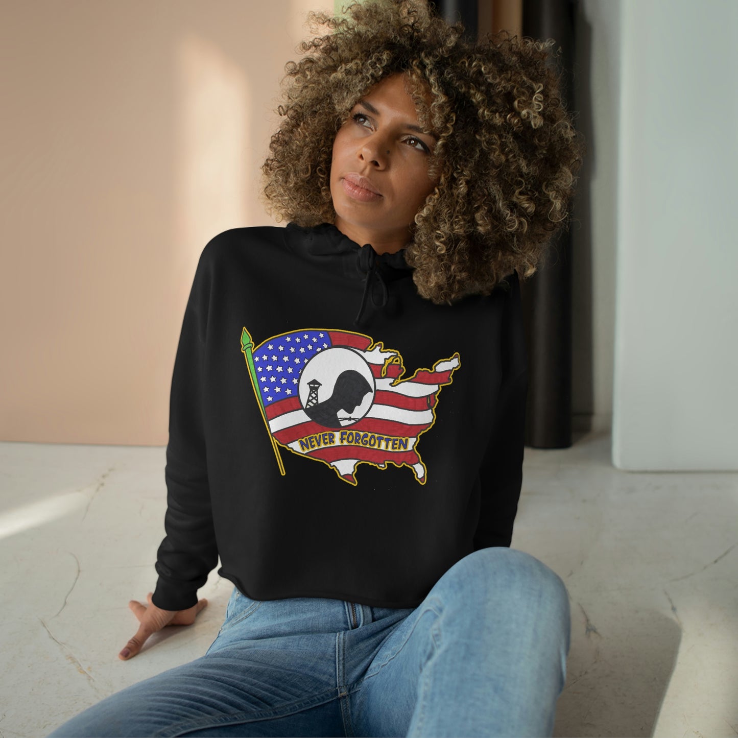 . NEVER FORGOTTEN Patriotic Military Cropped Hoodie (XS-L):  Women's Lane Seven LS12000 - FREE SHIPPING